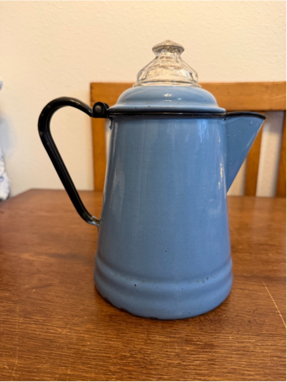 Vintage Blue Enamelware Coffee Pot Glass Finial Lid Farmhouse Primitive Camp Cof